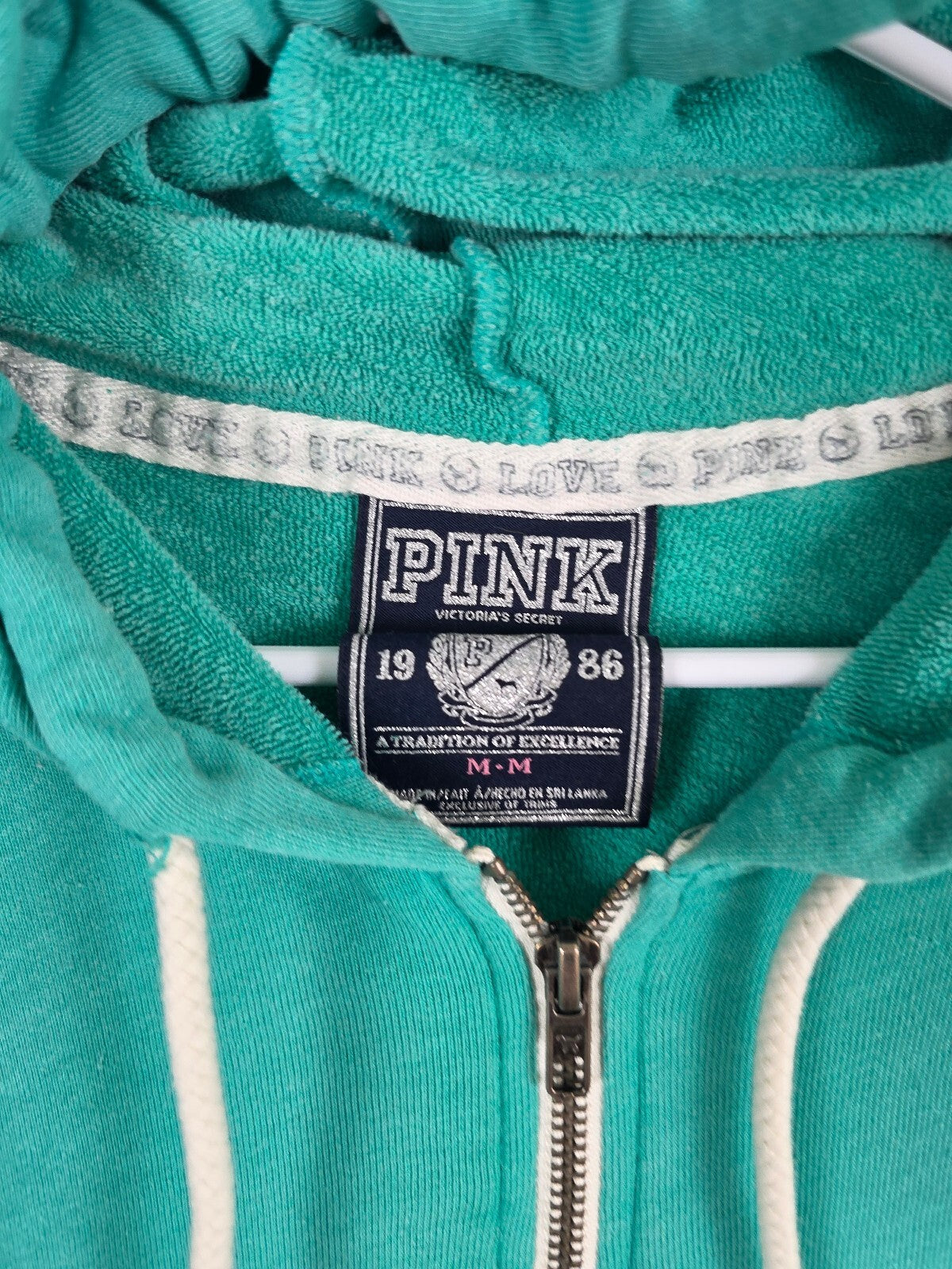 Victorias Secret Pink Full zip embroidered Hoodie Jacket Teal Medium Logo