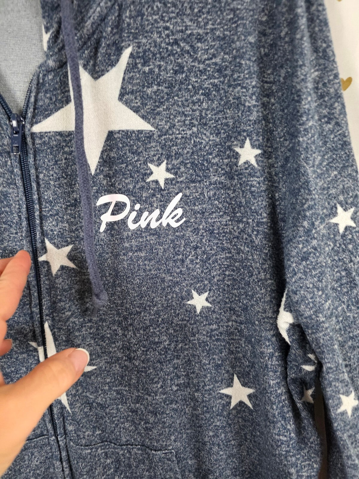 Victorias Secret Pink Blue Stars Thin Strechy Hoodie Jacket Full Zip Large