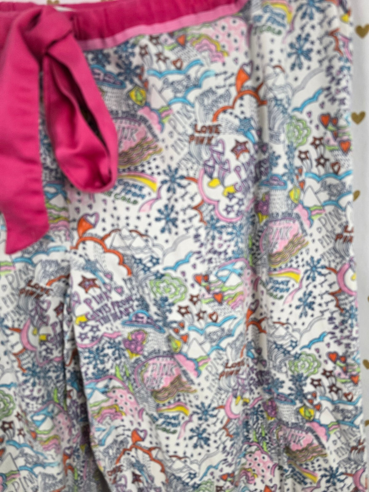 Victorias Secret Pink Vintage Doodle Ruffled Sleep Pants Pajama PJ Bottoms SM