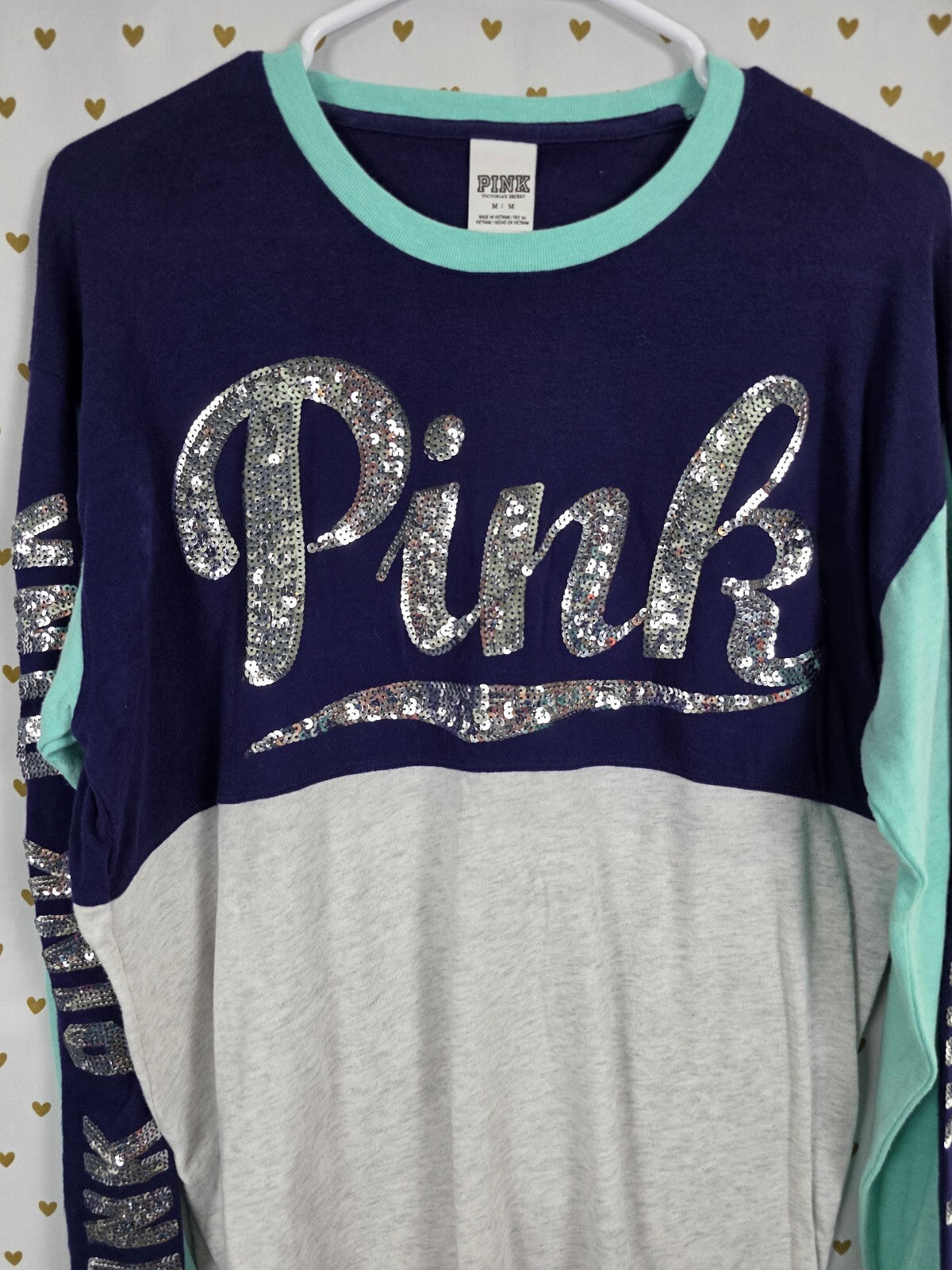 Victorias Secret PINK Long Sleeve Logo Bling Silver Sequined Tee shirt Medium