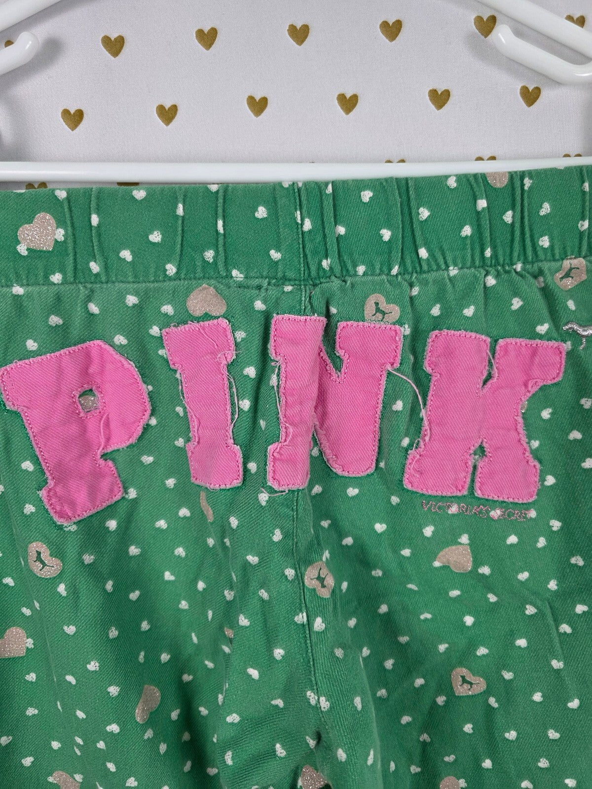 Vintage PINK Victoria's Secret Heart Print Lounge Sleep Pants Green Pink Logo XS