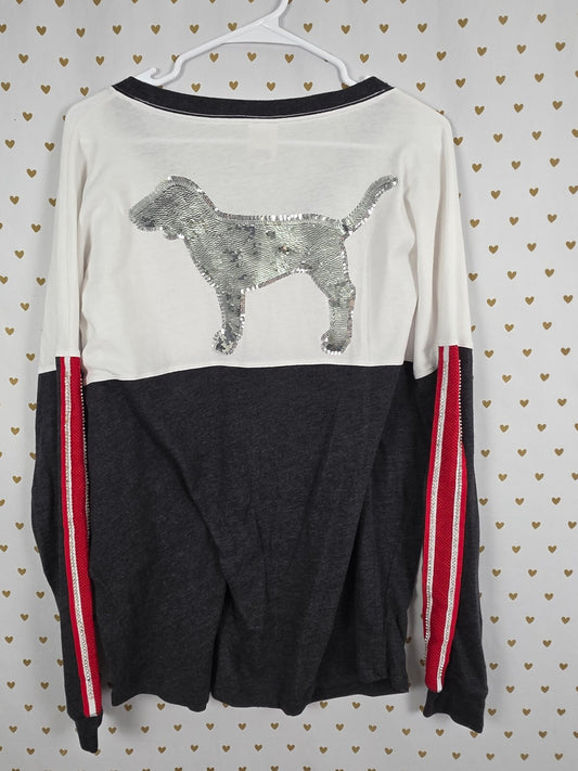 Victorias Secret PINK Dog Logo Bling Sequined Silver Long Sleeve V Neck Tee L
