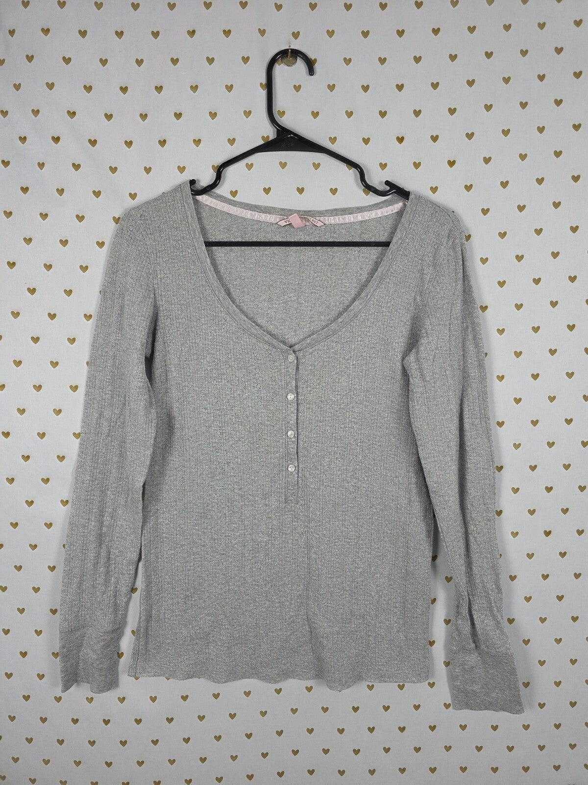 Victorias Secret Shimmer Grey Henley Long Sleeve Shirt MEDIUM