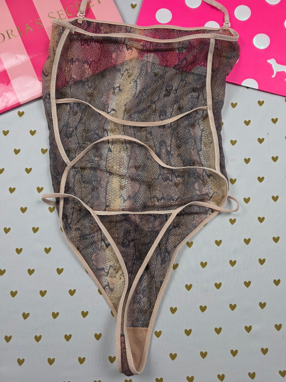 Vintage 2000 Victoria's Secret Teddy M Sheer Mesh Snakeskin Thong Bodysuit