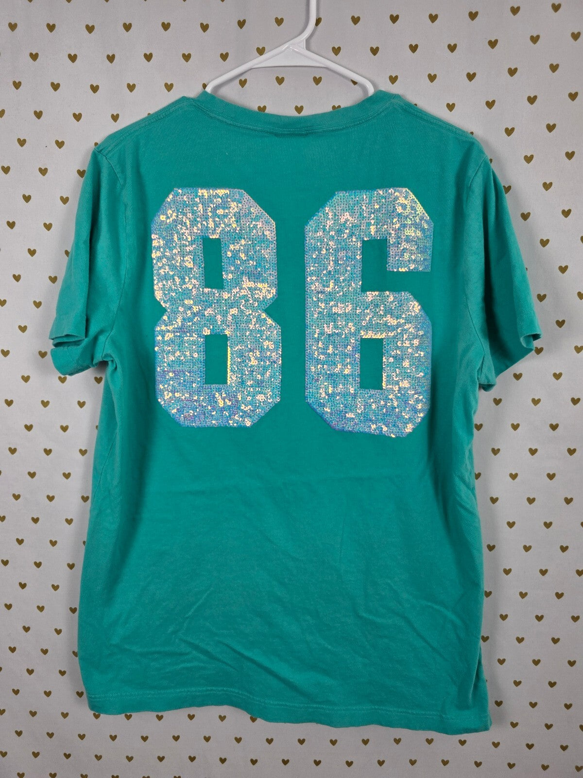 Victorias Secret PINK teal Mermaid Bling Tee shirt 86 Pocket Short Sleeve Large