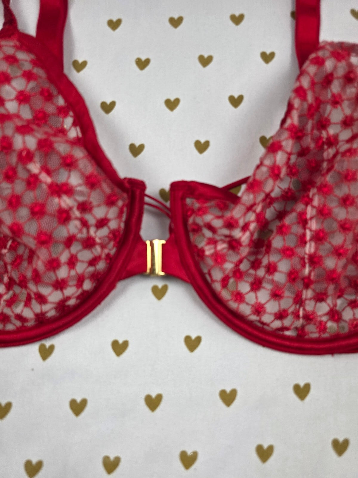 Victorias Secret Sheer Red Front Close Unlined Demi Balconette Bra 38DDD