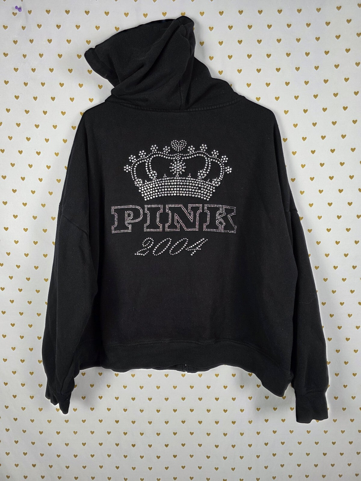 Victoria's Secret PINK 2004 Crown Rhinestone Bling Full Zip Hoodie XXL Black