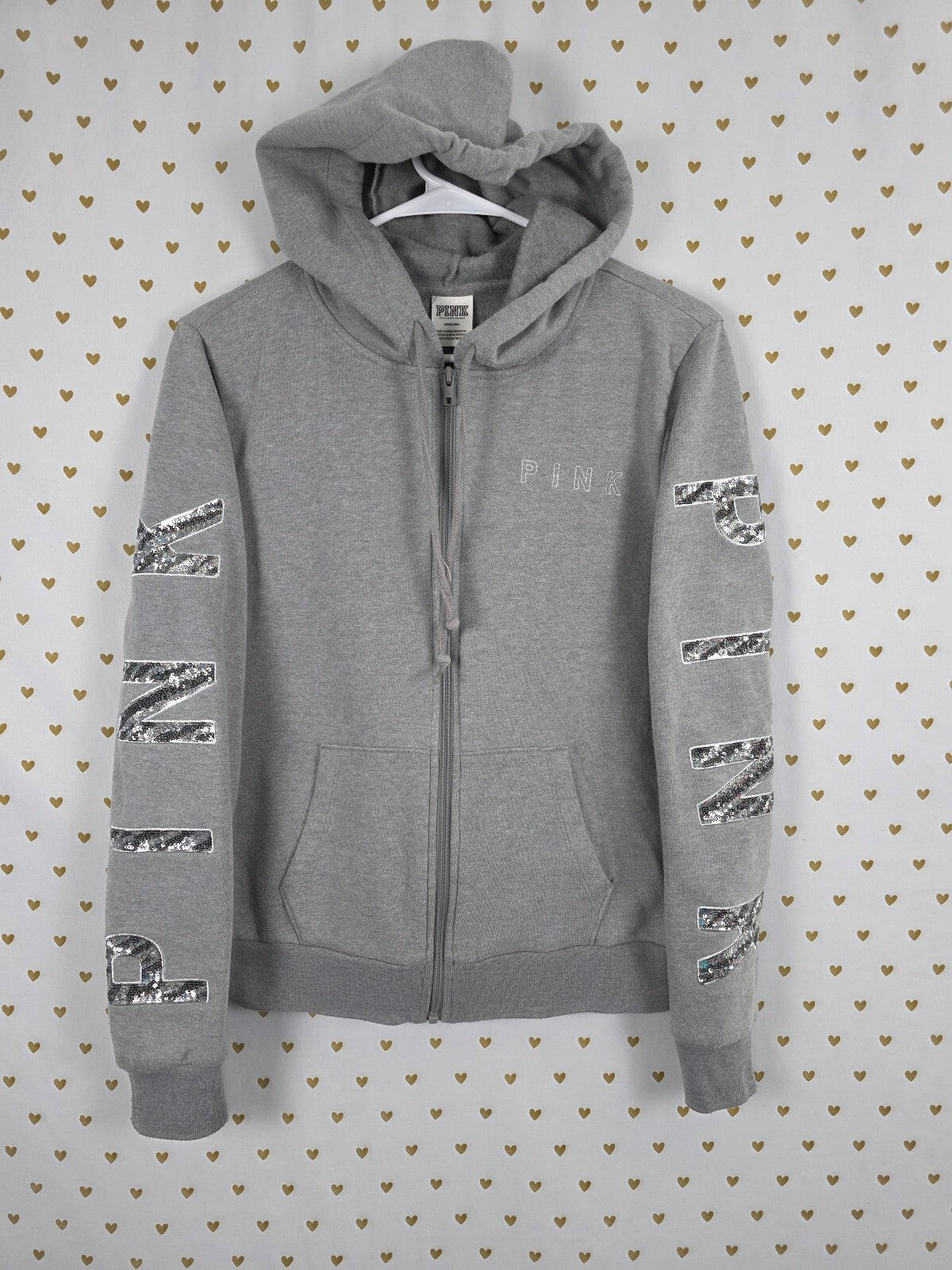 Victorias Secret Pink Zebra Stripe Bling Logo Full Zip Hoodie Jacket Medium