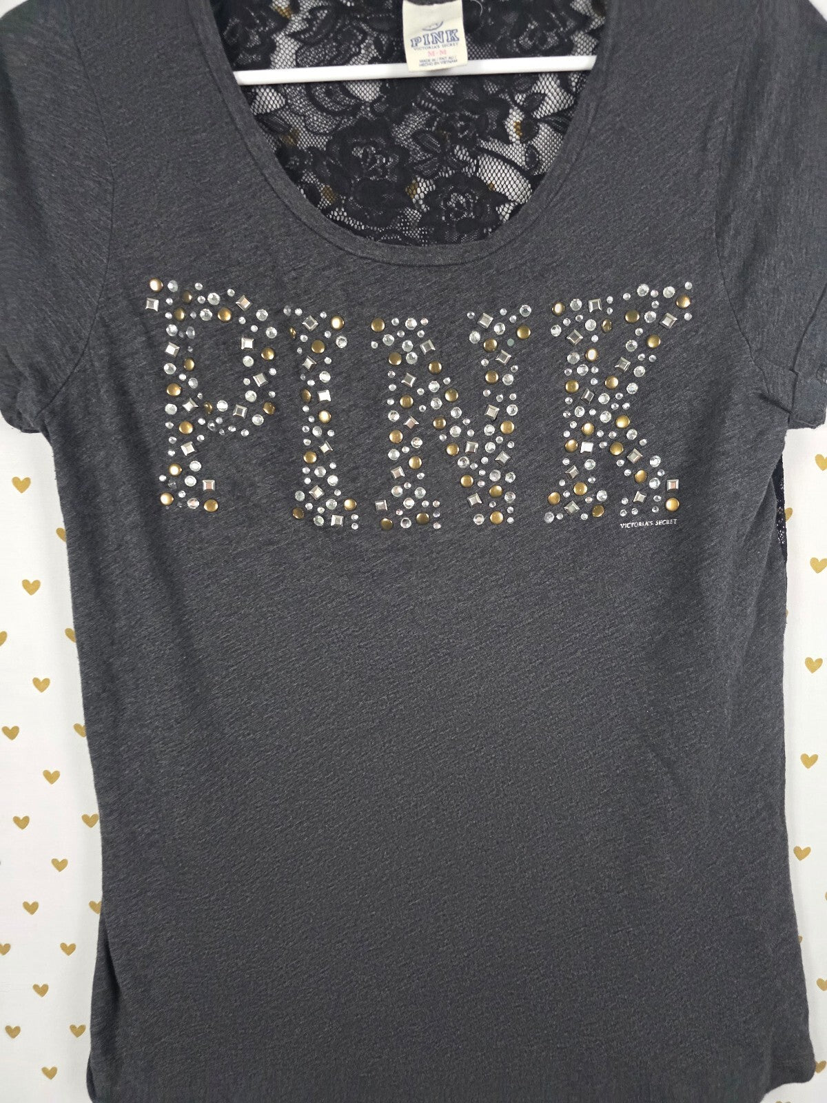 Victorias Secret PINK Vintage Studded Bling Lace Back Tee Shirt Y2k Medium