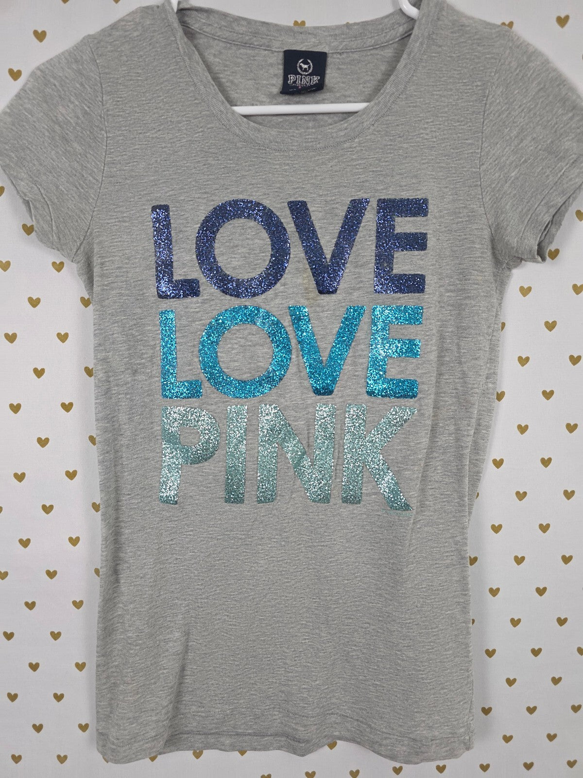 Victorias Secret PINK Vintage Glitter Logo Tee shirt Grey Y2k Small