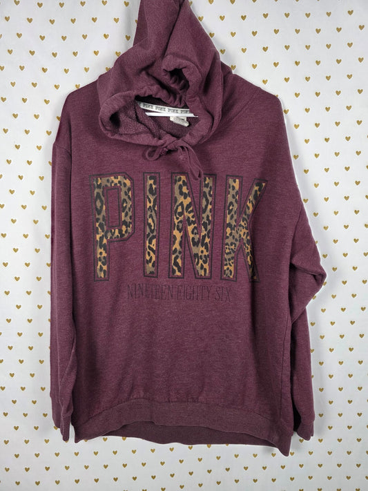 Victorias Secret Pink Cheetah Leopard Maroon Hooded Sweater Shirt Medium