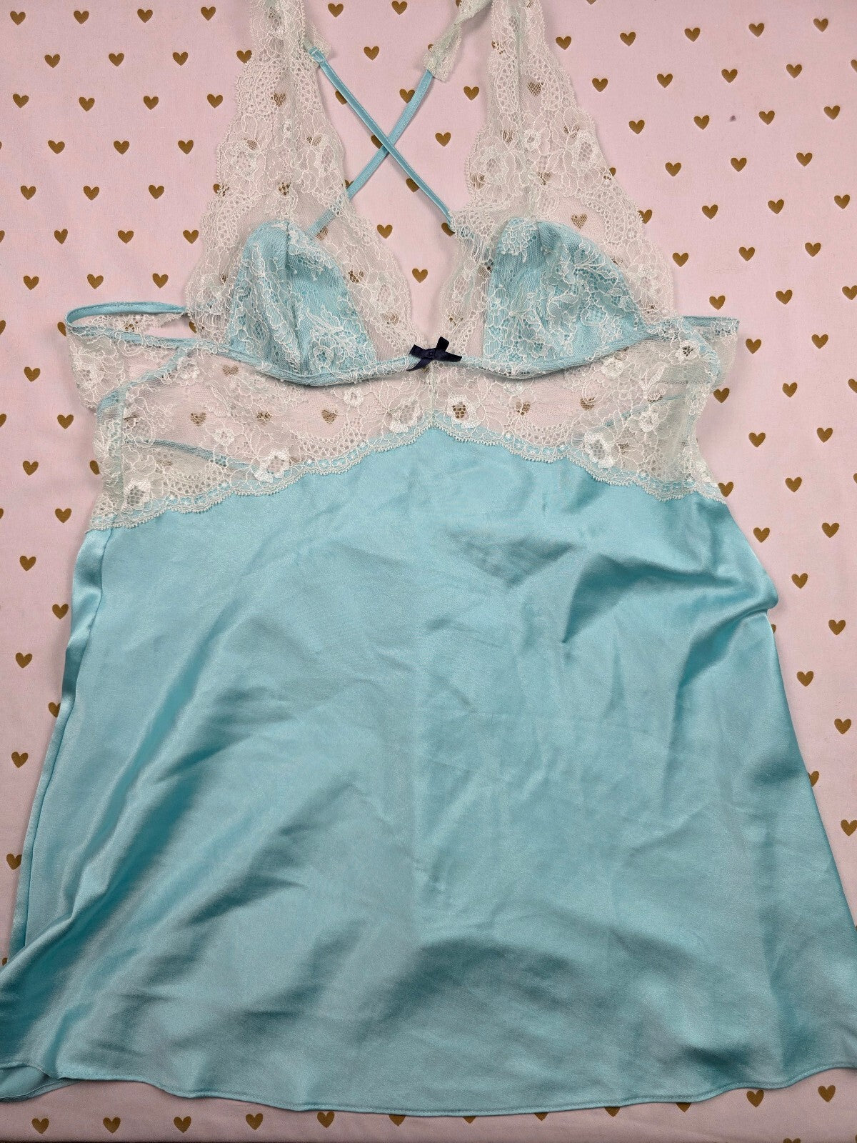 Victorias Secret Blue Stain Lace Slip Dress Nightie Lingerie MEDIUM