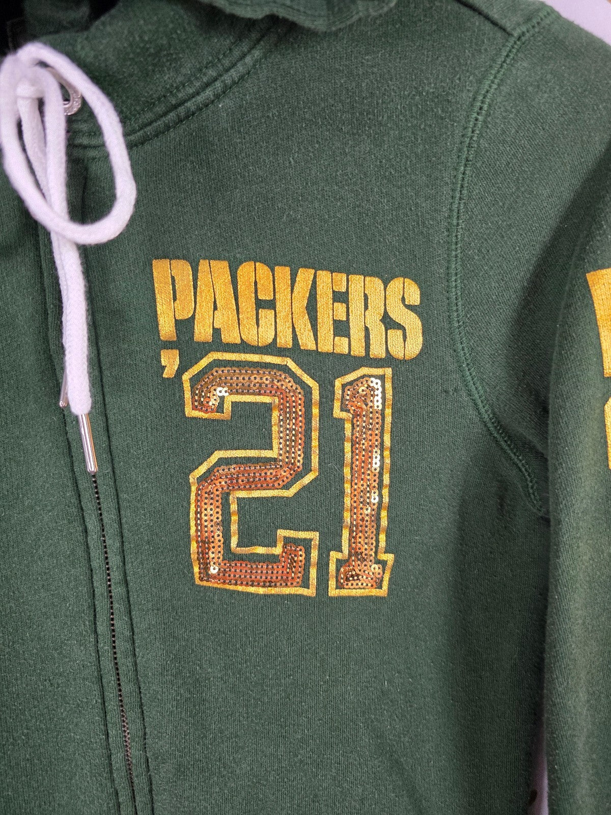 VS PINK Green Bay Packers Hoodie S NFL Sequin 21 BLING Full Zip 5th Ocean