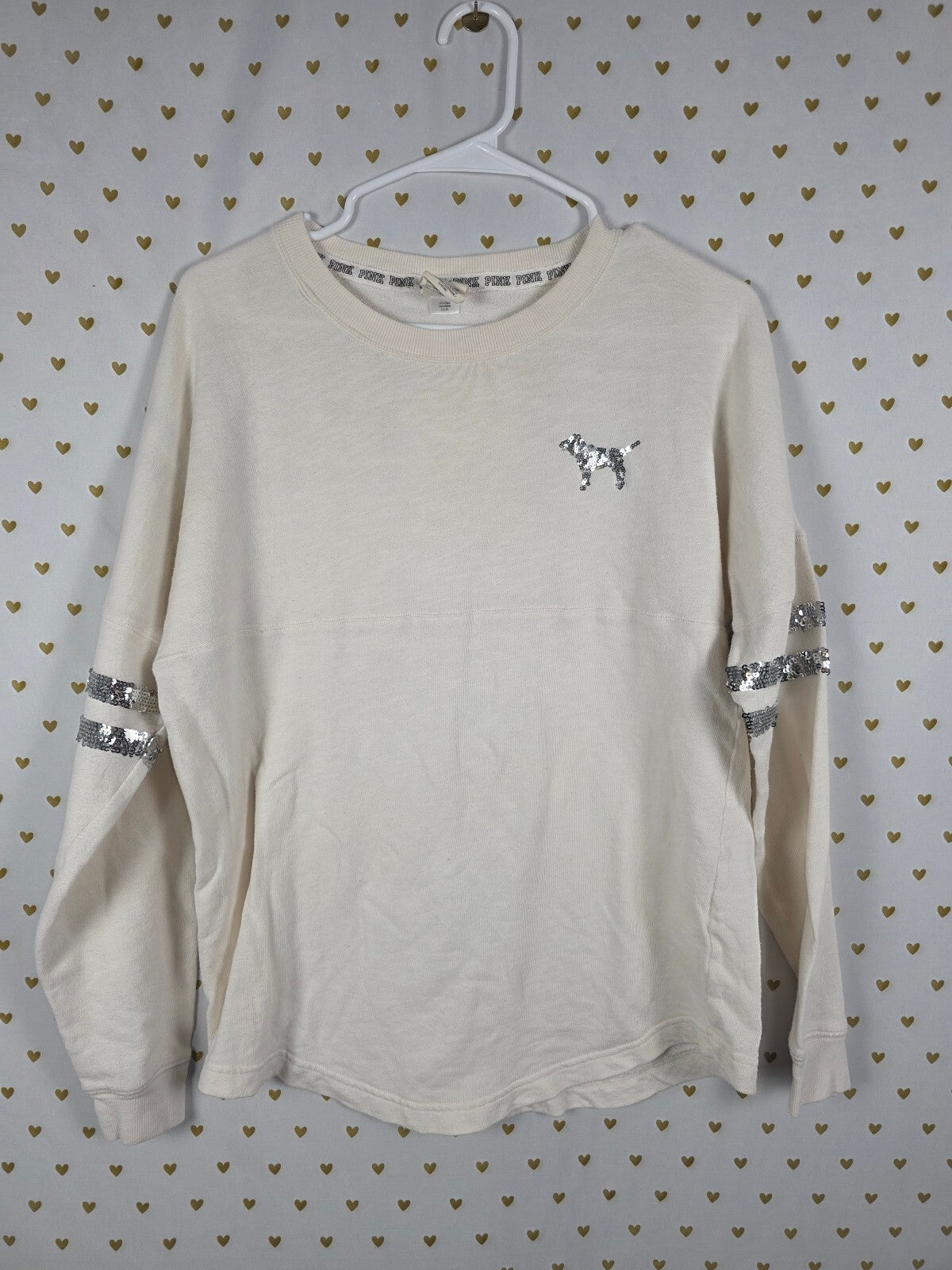 Victorias Secret PINK Cream Love Sequined Bling Sweater Shirt Small