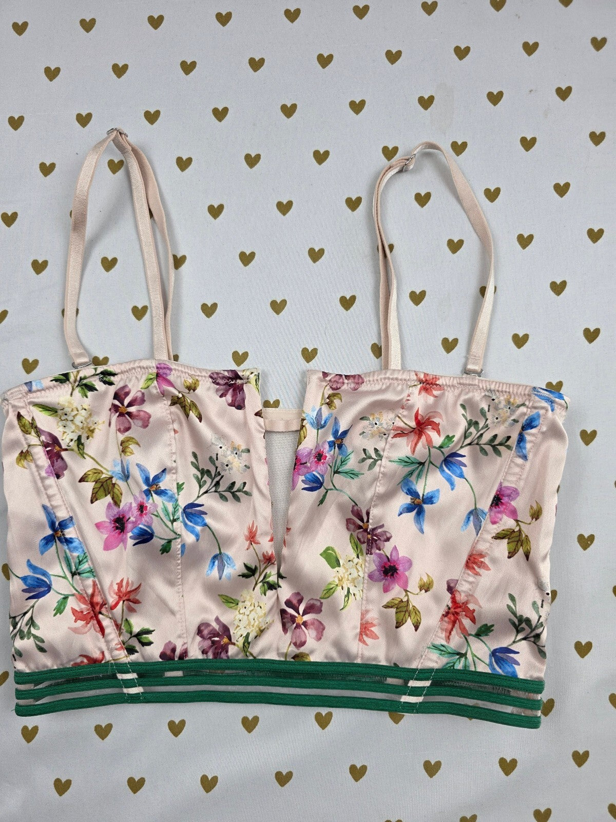 Victoria's Secret Very Sexy Unlined Floral Satin Longline Bustier Bra Pink Green