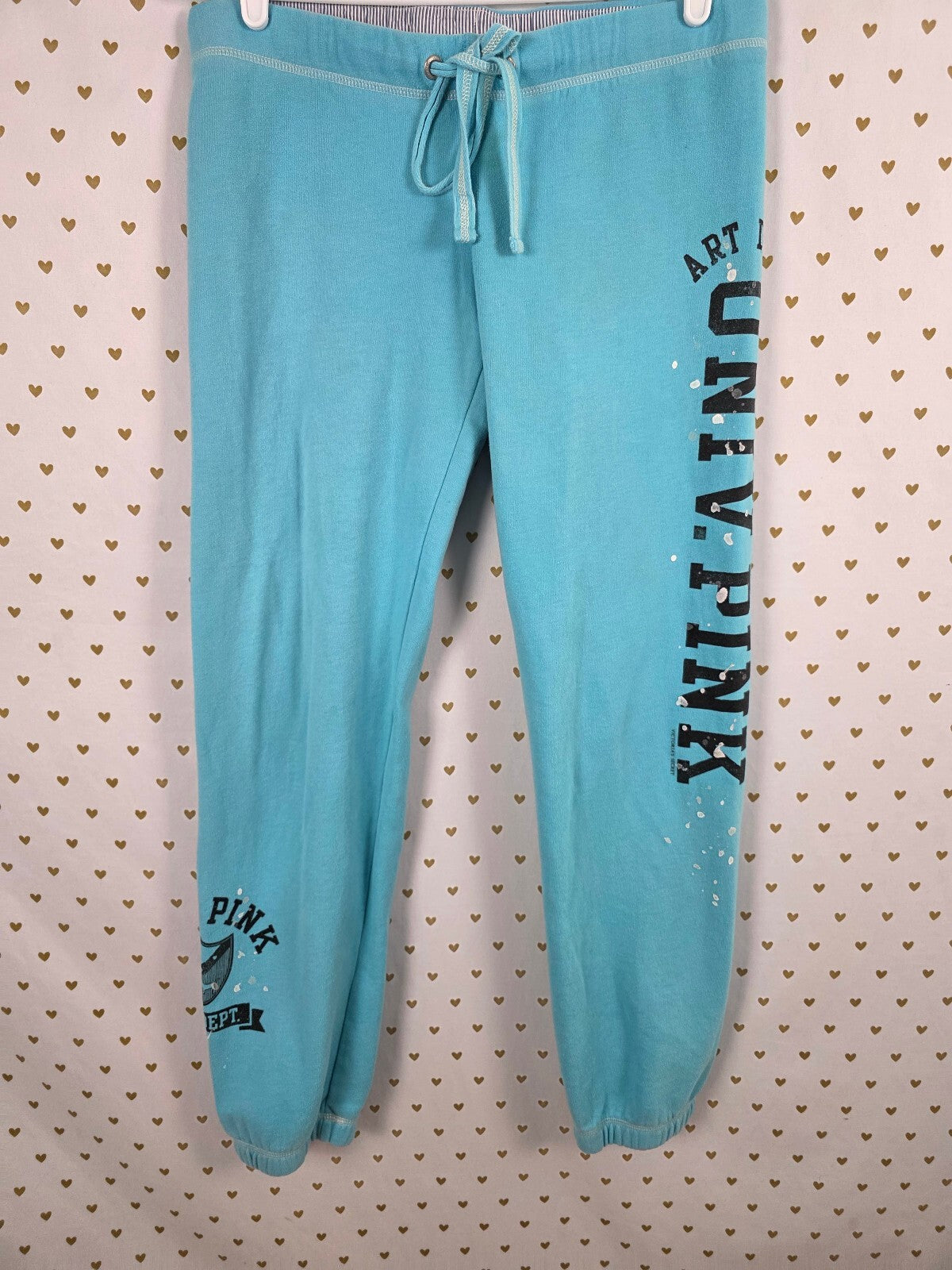 Vintage VS PINK Art Dept Hoodie Sweatpants Set XS Aqua Paint Splatter 1986