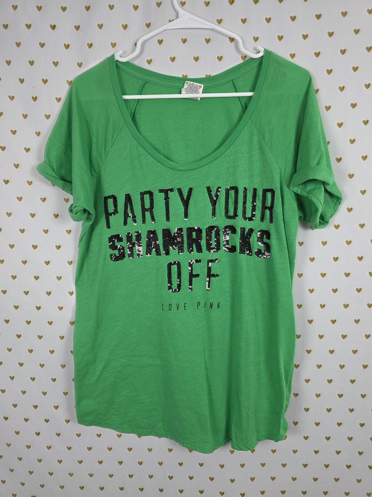Victorias Secret PINK Bling Green PARTY YOUR SHAMROCKS OFF Tee shirt LARGE