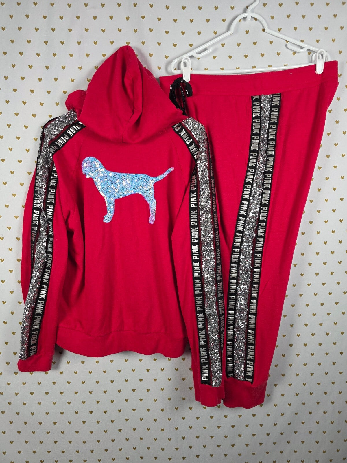 Victorias Secret Pink Red Mermaid Bling Hoodie Jacket Sweats SET XL 2pc HTF