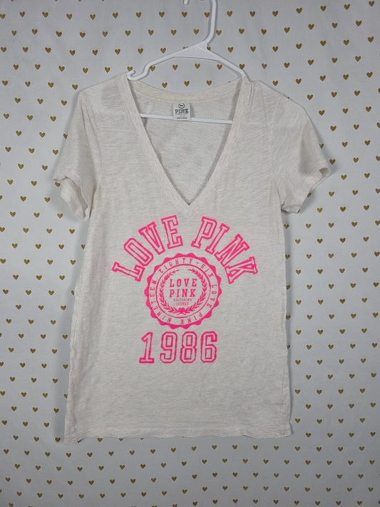 Victorias Secret PINK Love 86 White Logo V neck Tee shirt Medium
