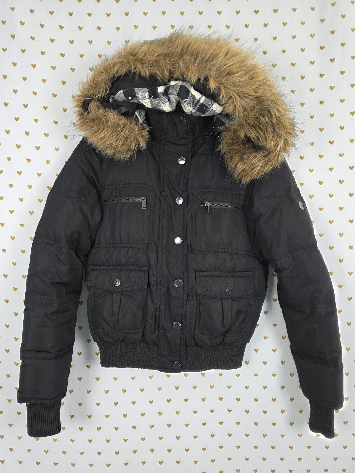 VS PINK 1986 Puffer Jacket S Black Faux Fur Hood Plaid Lined Y2K Coat Parka VTG