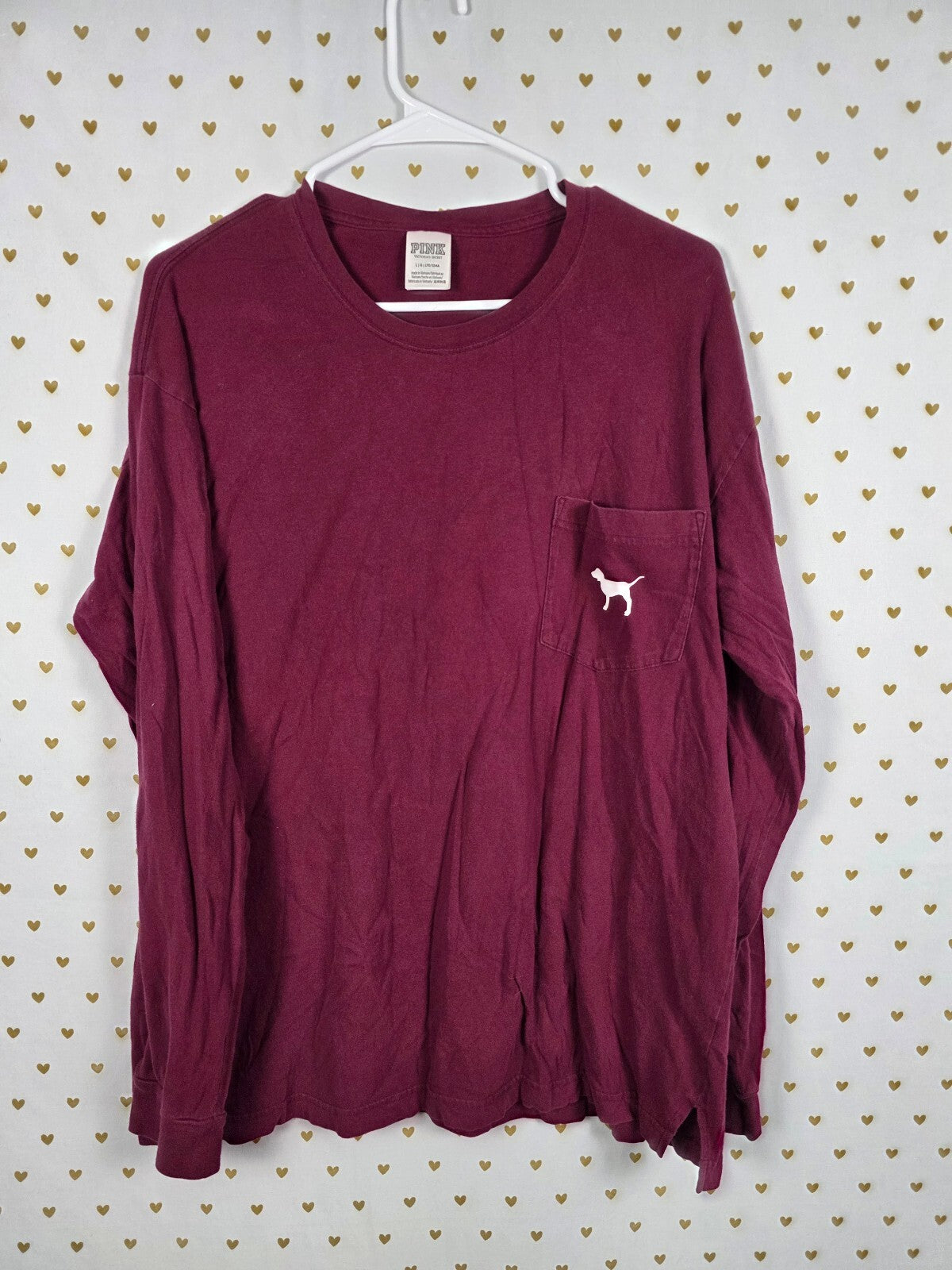 Victorias Secret PINK Maroon Dog Logo Pocket Tee shirt Long Sleeve LARGE