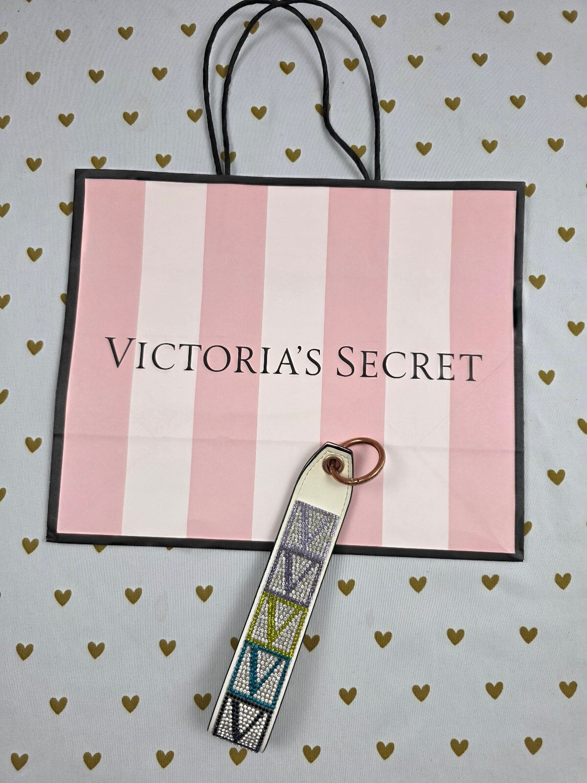 Victoria Secret BLING wristlet strap keychain Logo Studded Handle Rhinestone