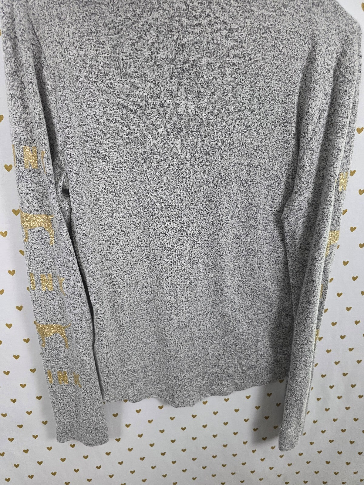 Victorias Secret PINK Grey Gold Glitter Bling Long Sleeve Tee shirt LARGE