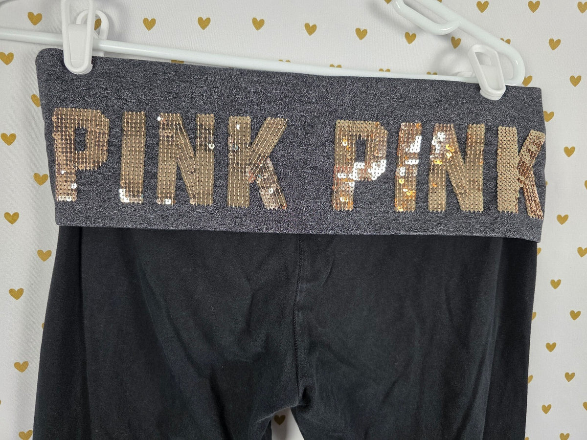 Victorias Secret PINK BLING GOLD SEQUIN Vintage Y2k Foldover Yoga Pants Ankle M