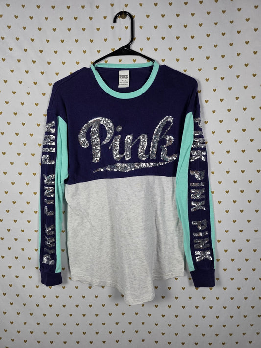Victorias Secret PINK Bling Silver sequin Long sleeve Tee shirt Colorblock XS