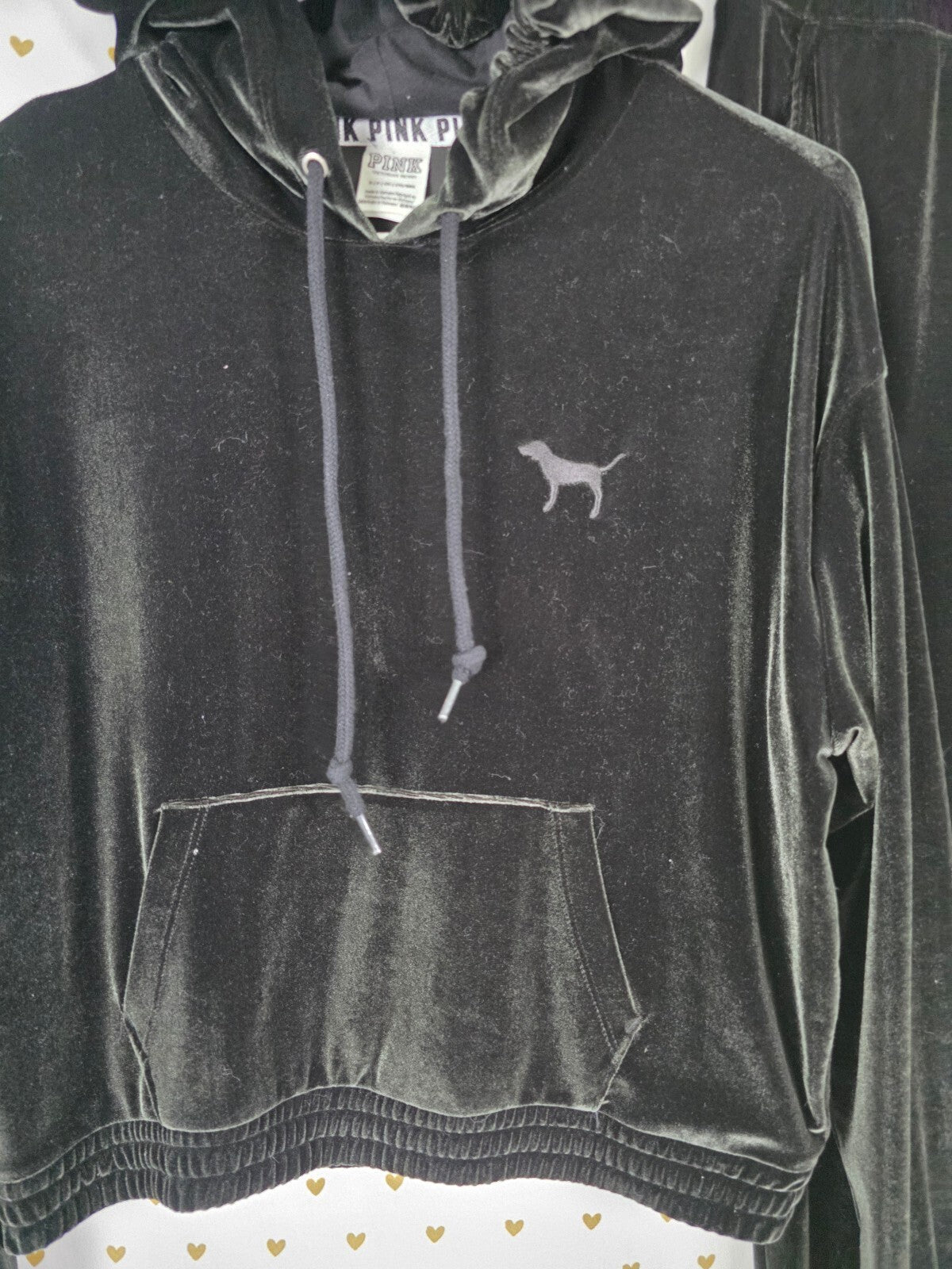 Victoria's Secret PINK Black Velour Hoodie Jogger Tracksuit Set Small
