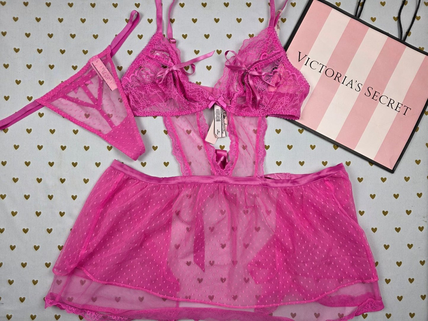 Victoria's Secret French Maid Costume Teddy G-String 2 Pc Set M NWT Hearts
