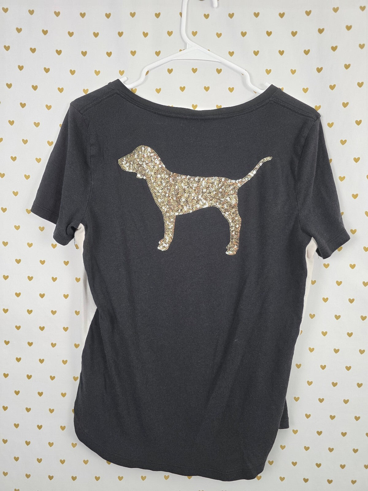 Victorias Secret PINK Gold Bling Dog Logo V neck Tee shirt Sequined Medium