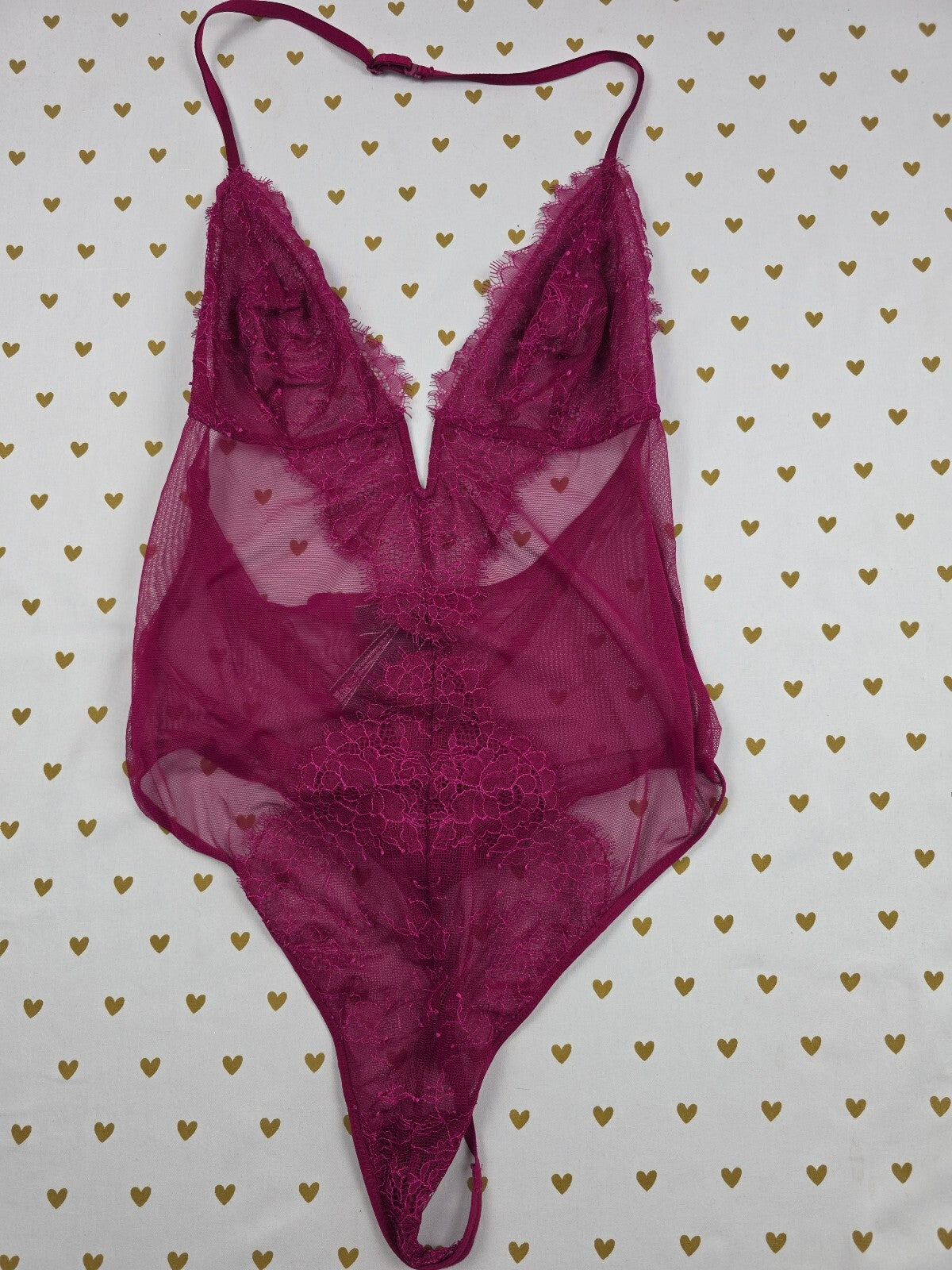 Victorias Secret Sheer Purple V string Teddy Halter Bodysuit Thong Large