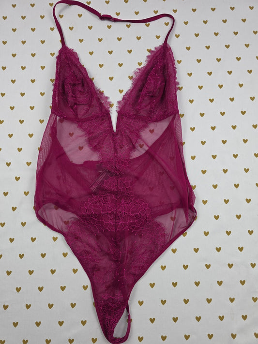 Victorias Secret Sheer Purple V string Teddy Halter Bodysuit Thong Large