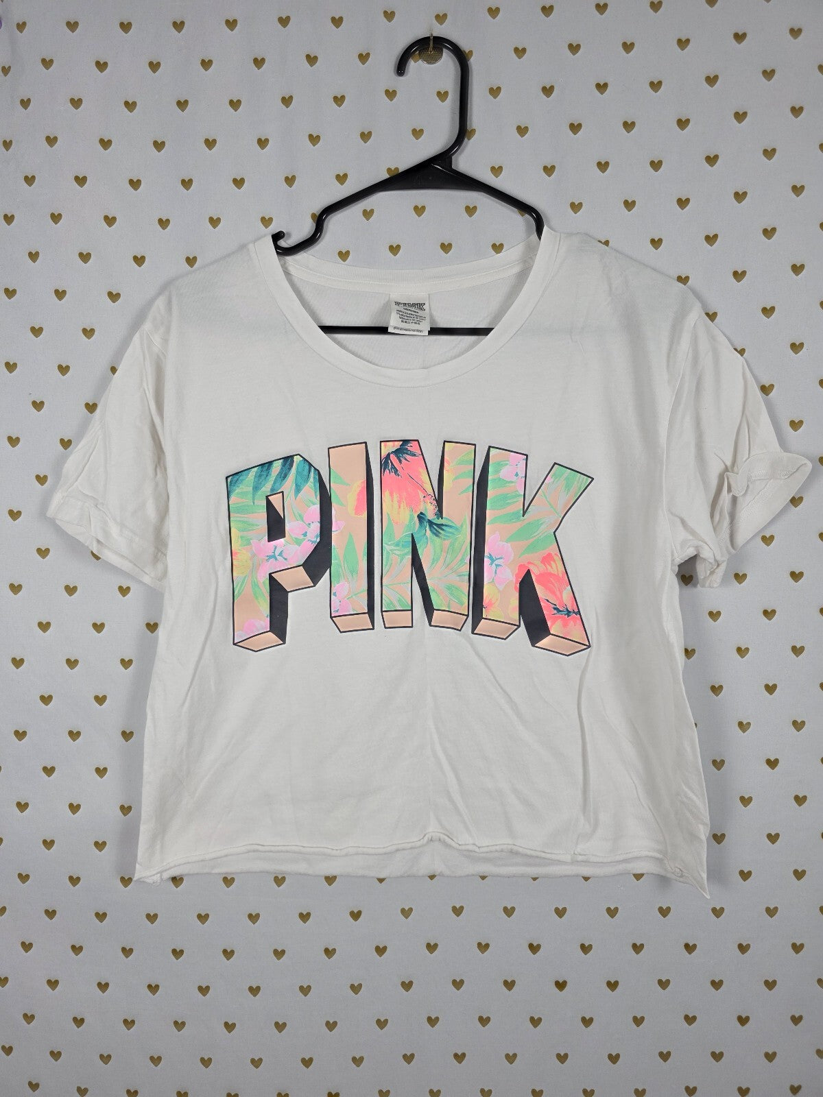 Victorias Secret PINK Cropped Neon Logo Tee Shirt Large