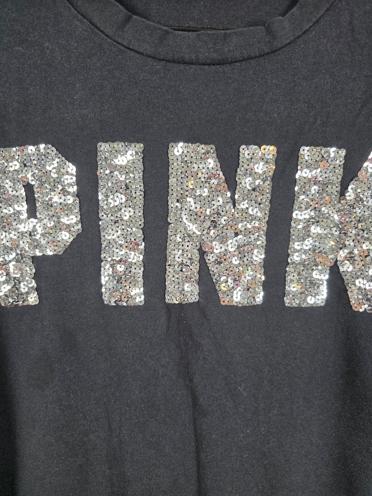 Victorias Secret PINK Rainbow Bling logo Black tee shirt Small