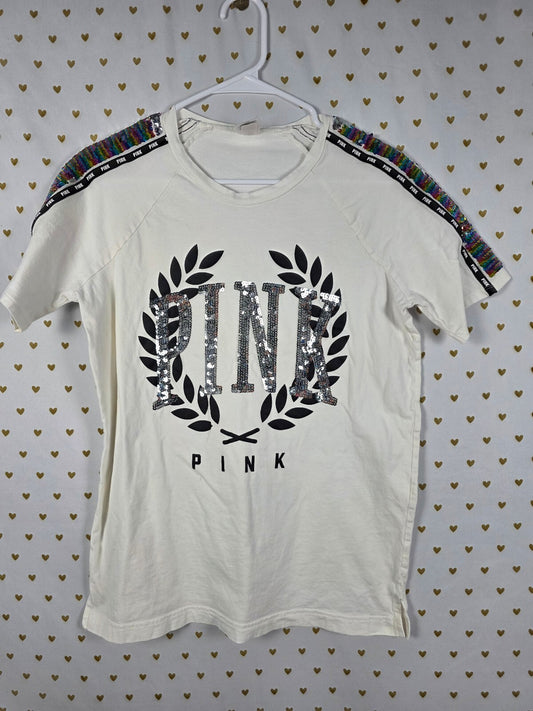 Victoria's Secret PINK Sequin Logo T Shirt Flip Rainbow Sequins White S