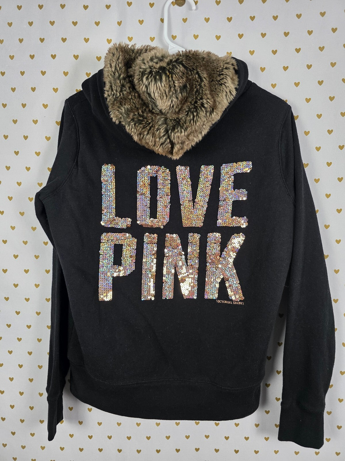 Victoria’s Secret PINK LOVE PINK Sequin BLING Faux Fur Zip Hoodie S Rare