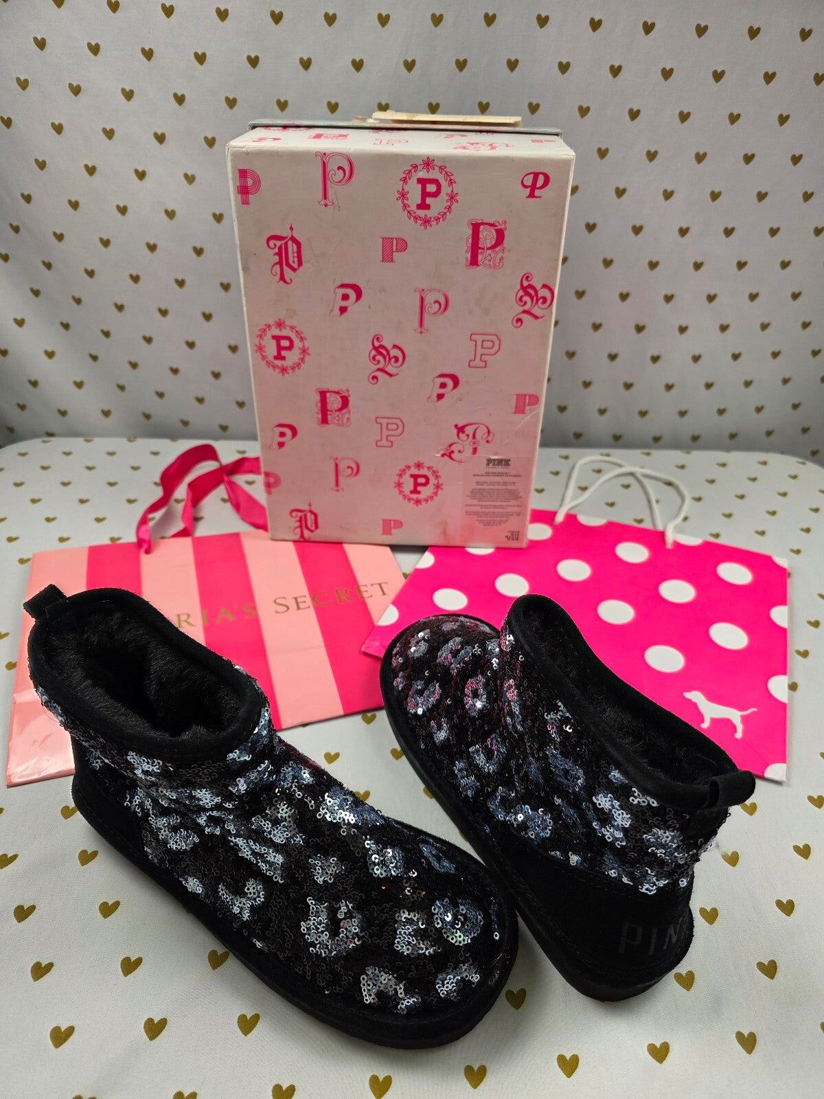 2013 Victoria’s Secret PINK Sequin Leopard Mukluk Boots S 5-6 BLING w Box