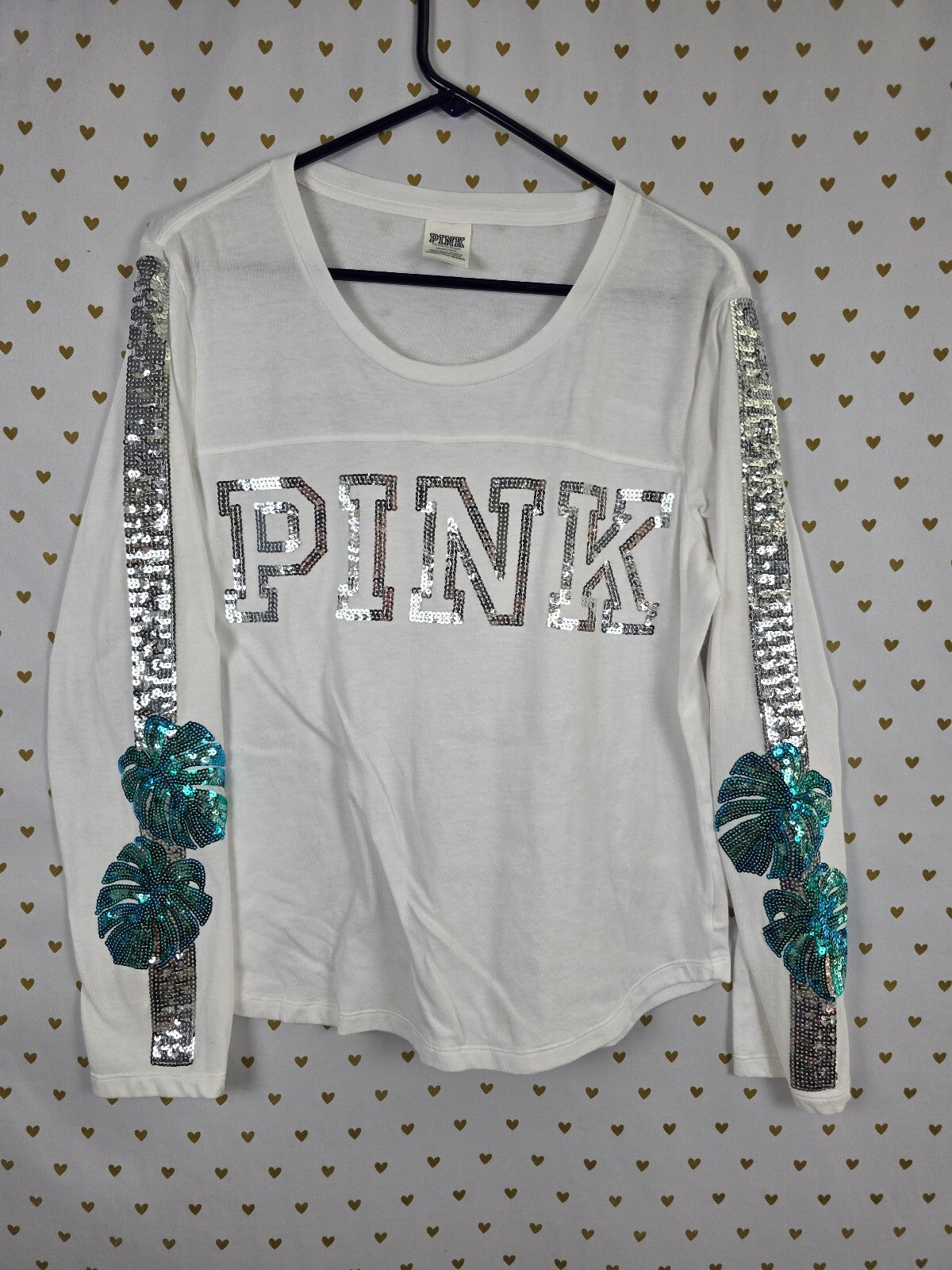 Victorias Secret PINK Rare Palm BLING Sequined Long Sleeve Tee shirt Large