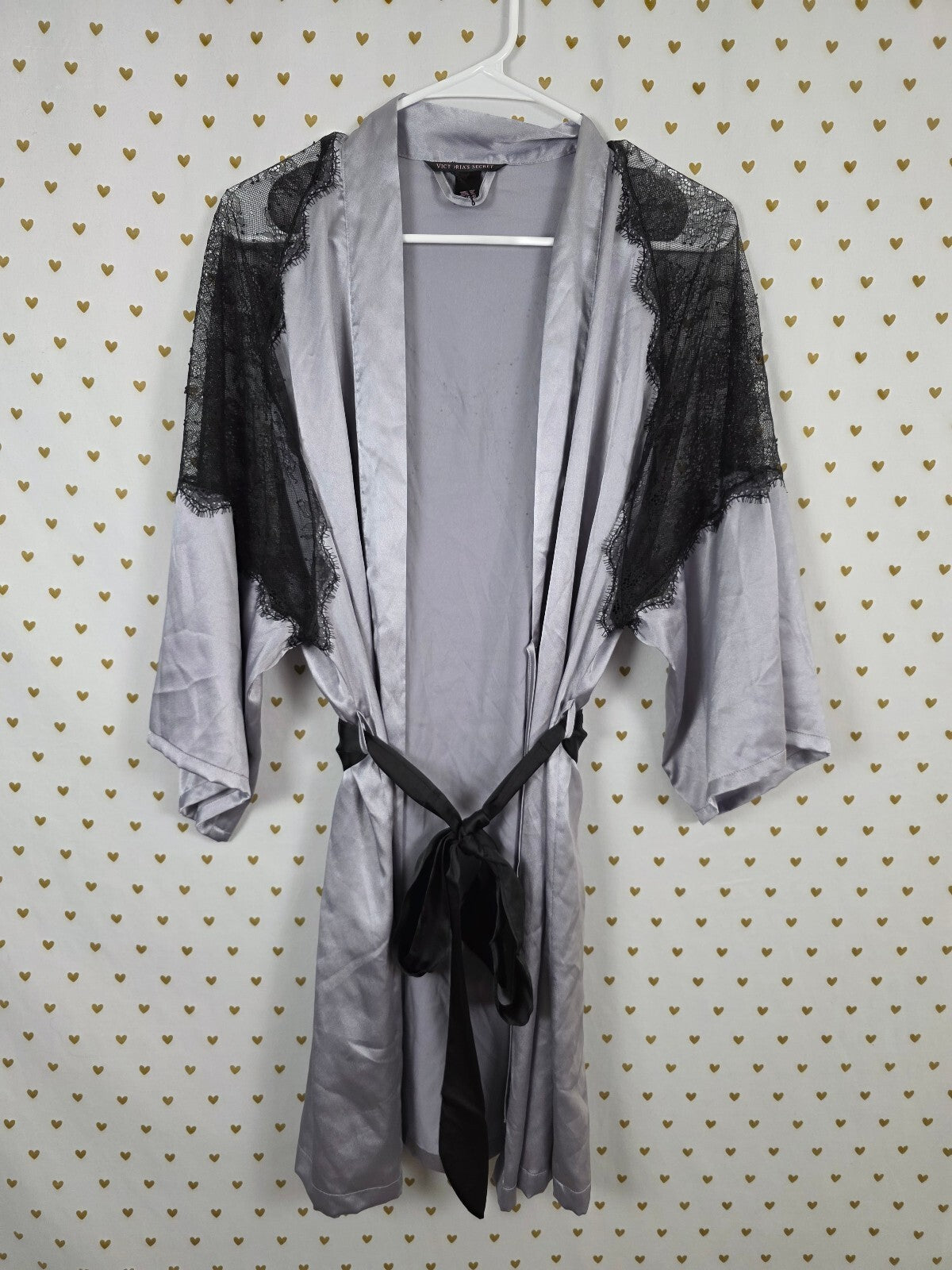 Victoria's Secret Satin Robe M/L Silver Gray Black Lace Rhinestone Angel Wings