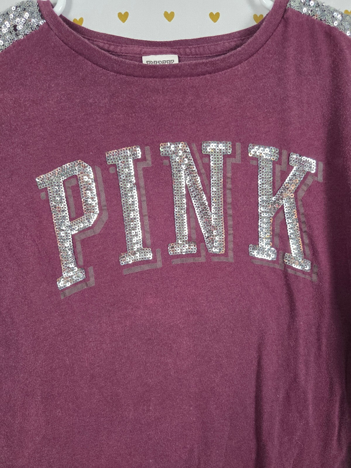 Victorias Secret PINK Maroon Bling sequined Tee shirt Silver XS