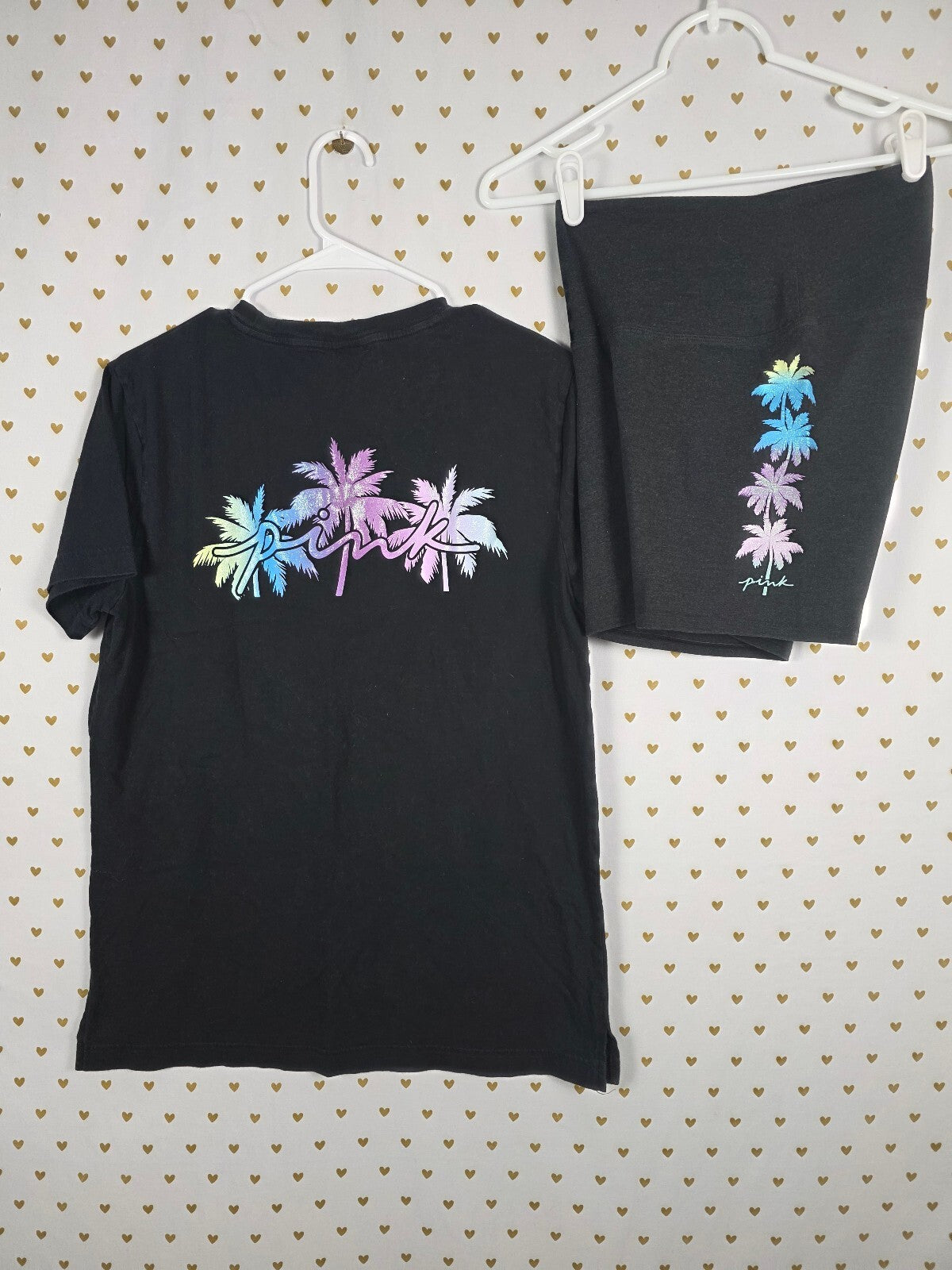 Victorias Secret PINK Bling Glitter Palm Tee shirt Bike Shorts SET 2pc Outfit Sm