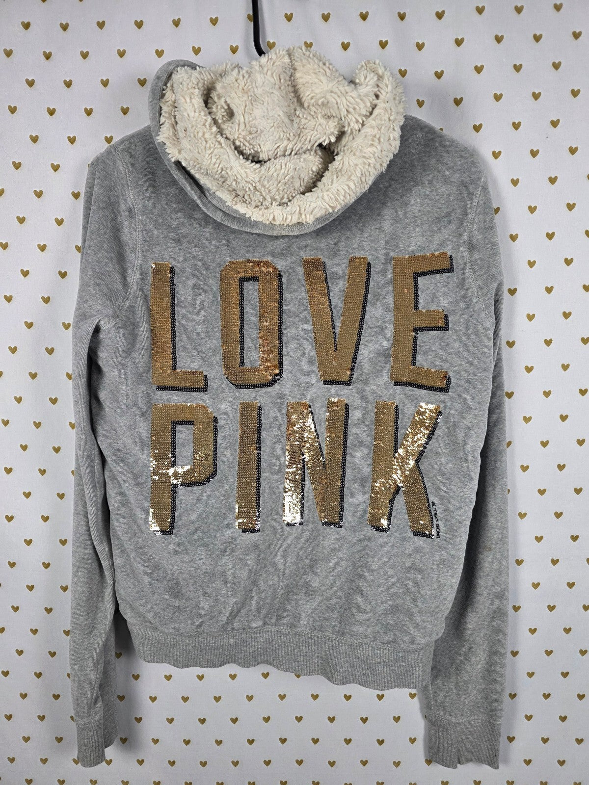 Victorias Secret Pink Vintage Y2k BLING gold Velour Hoodie Jacket FUR LINED Med