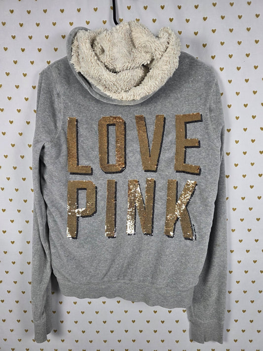 Victorias Secret Pink Vintage Y2k BLING gold Velour Hoodie Jacket FUR LINED Med