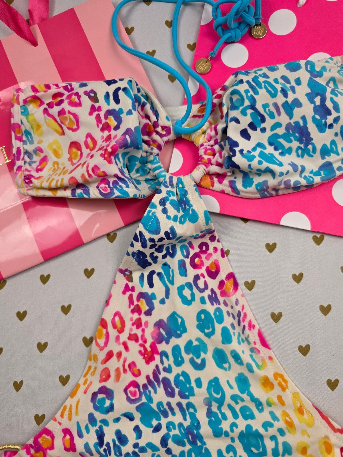 Victoria's Secret PINK Rainbow Leopard Print Cutout Monokini Swimsuit L Vintage