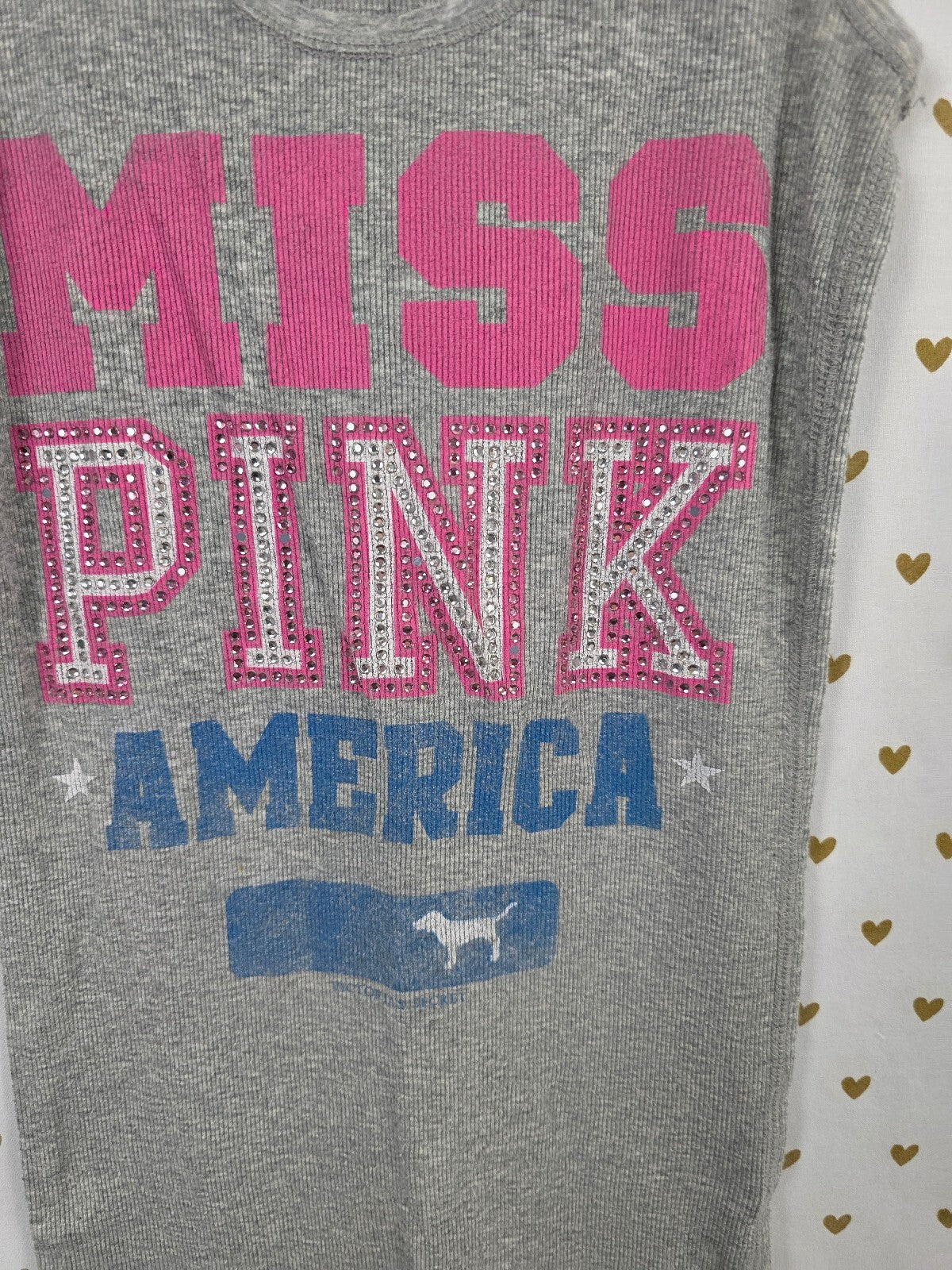 Victoria’s Secret PINK Miss PINK America Rhinestone Tank Top XS Gray BLING