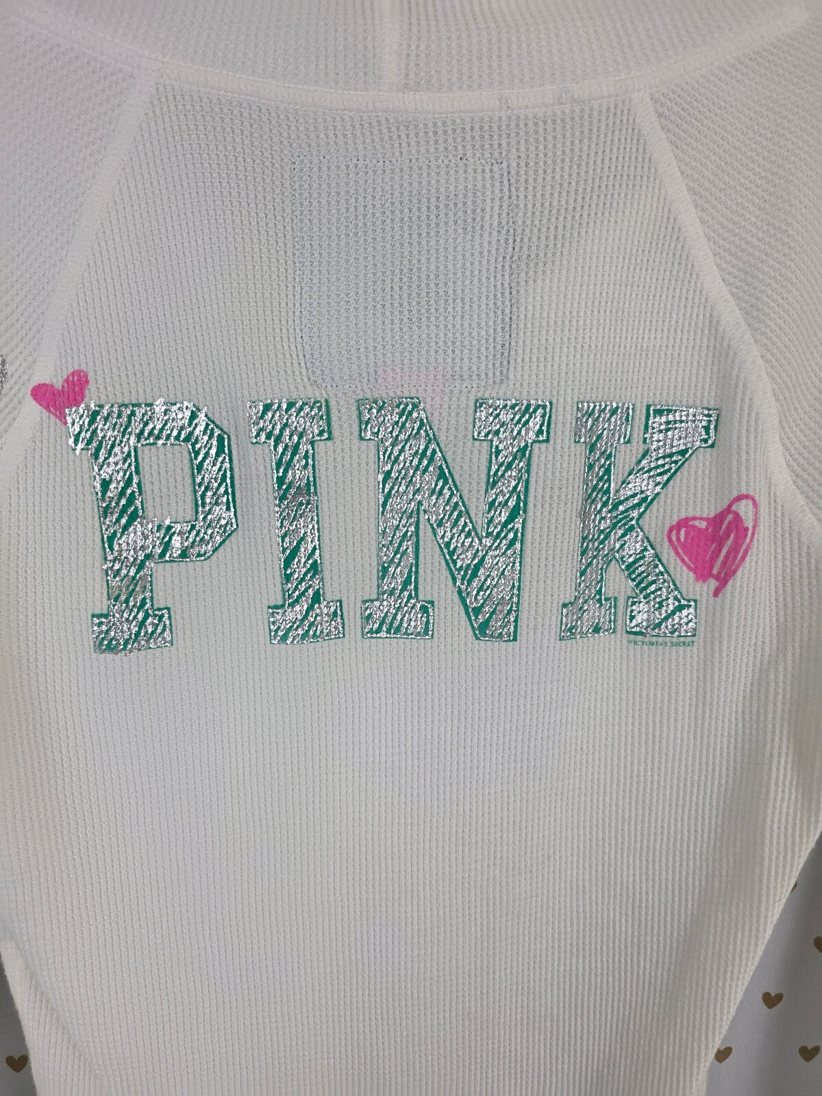 Victoria's Secret PINK Vintage Y2K Thermal Hoodie Bling Heart White Green Henley