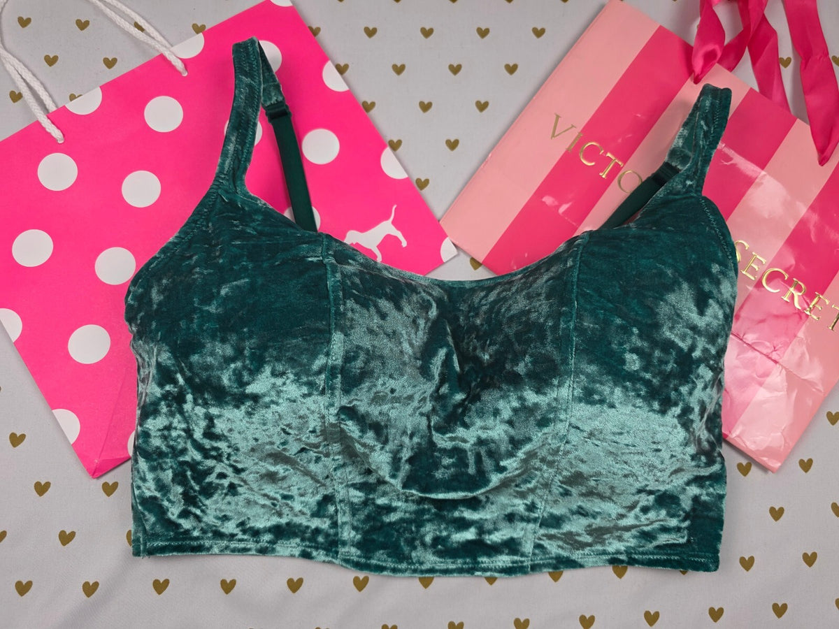 Victorias Secret Pink Crushed Green Velvet Large Bralette Bra Top Tank