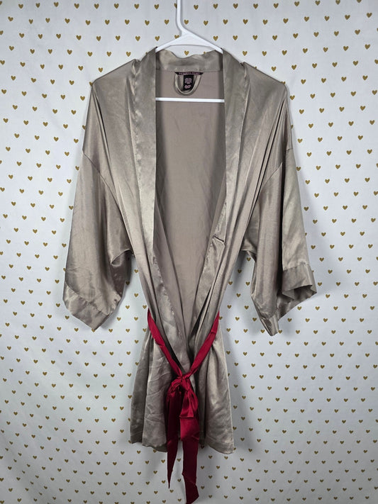 Victoria's Secret Satin Kimono Robe M/L Taupe Gray Burgundy Sash Short